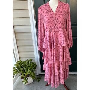 NWT Y.A.S Emily Long Sleeve Tiered Midi Dress Pink Floral Cottagecore Prairie